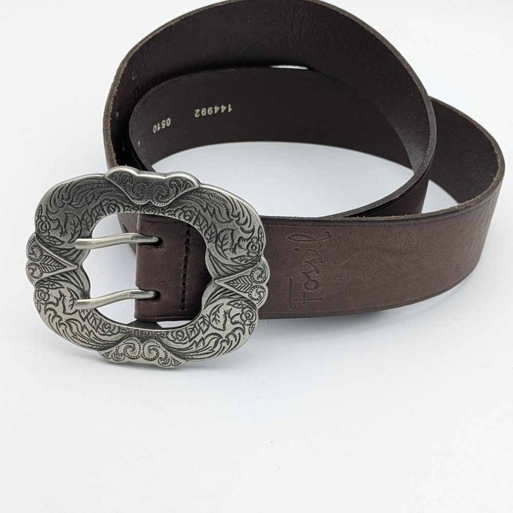 Fossil Brown Leather Belt with Decorative Silver Buckle